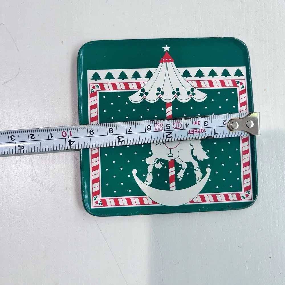 1990 Tin Vintage Coasters Set Of 6 Christmas Cork‎ Back Marry Go Around Green